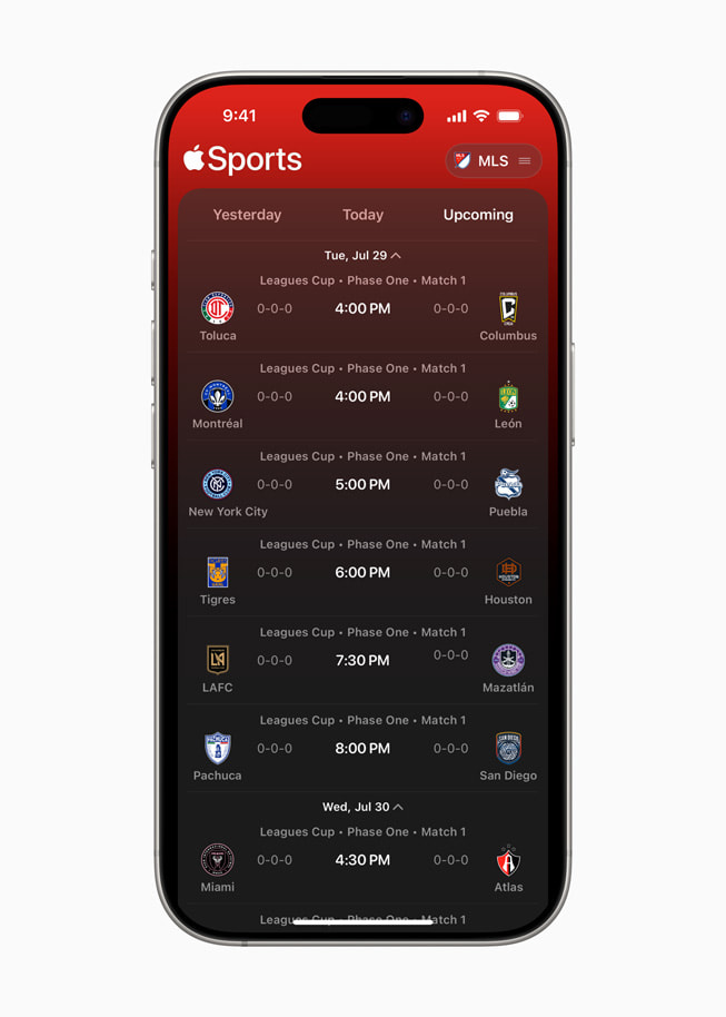 An image of the Upcoming tab for Leagues Cup matches on Apple Sports, as displayed on iPhone 16 Pro.