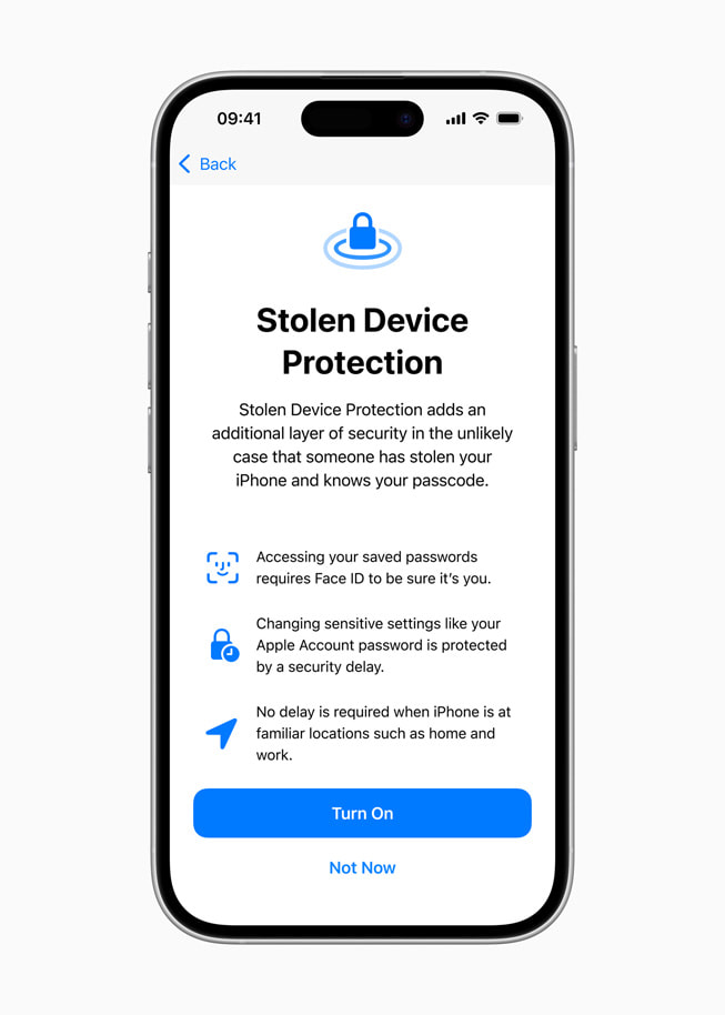iPhone 16 shows a Stolen Device Protection screen with “Turn On” and “Not Now” as options.