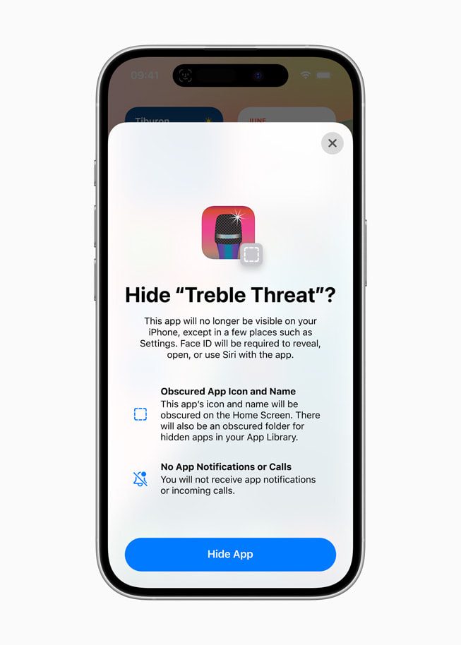 iPhone 16 shows a screen with a prompt to hide an app called Treble Threat.