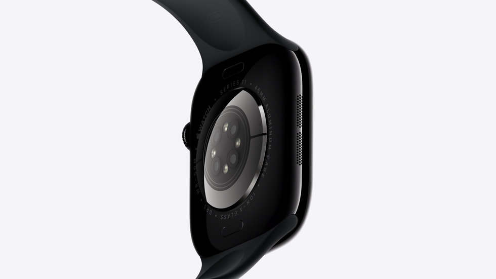 An angled close-up of the back of Apple Watch Series 11.