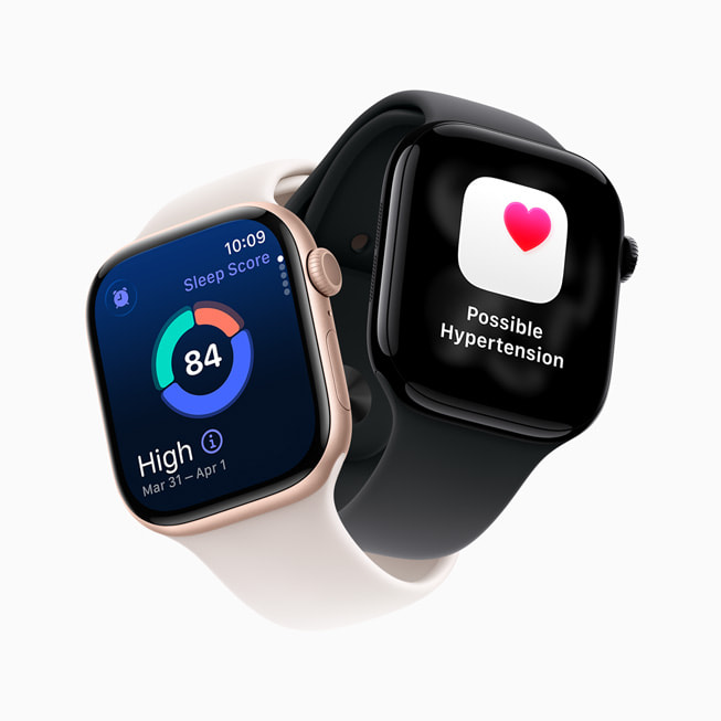 Two angled Apple Watch Series 11 devices showing the new sleep score and hypertension notifications features.