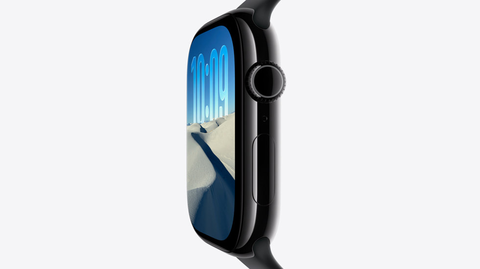An angled side view of a user’s watch face on Apple Watch Series 11.