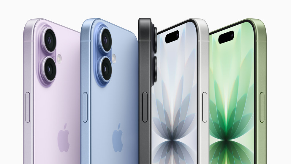 Multiple iPhone 17 devices shown upright and featuring the full colour lineup: lavender, mist blue, sage, white, and black.
