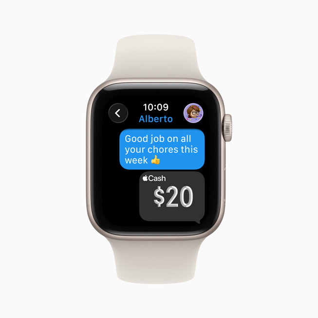 An image of an Apple Watch SE 3 displaying an Apple Cash transaction between family members.