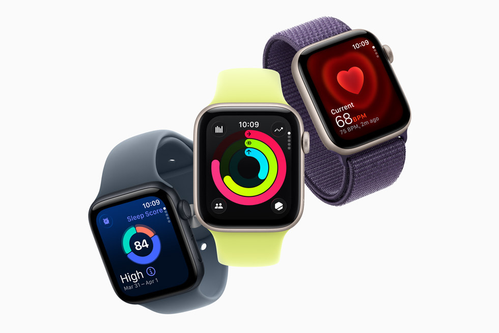 An image of three Apple Watch SE 3 watches each displaying a different health and fitness feature on its screen.