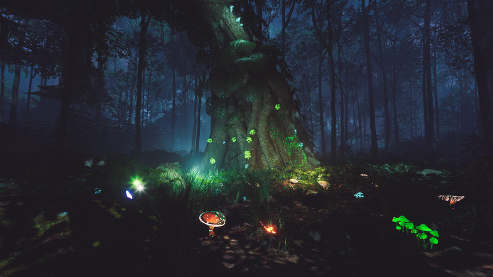 An image still of a night forest from the immersive experience “Julaymba.”