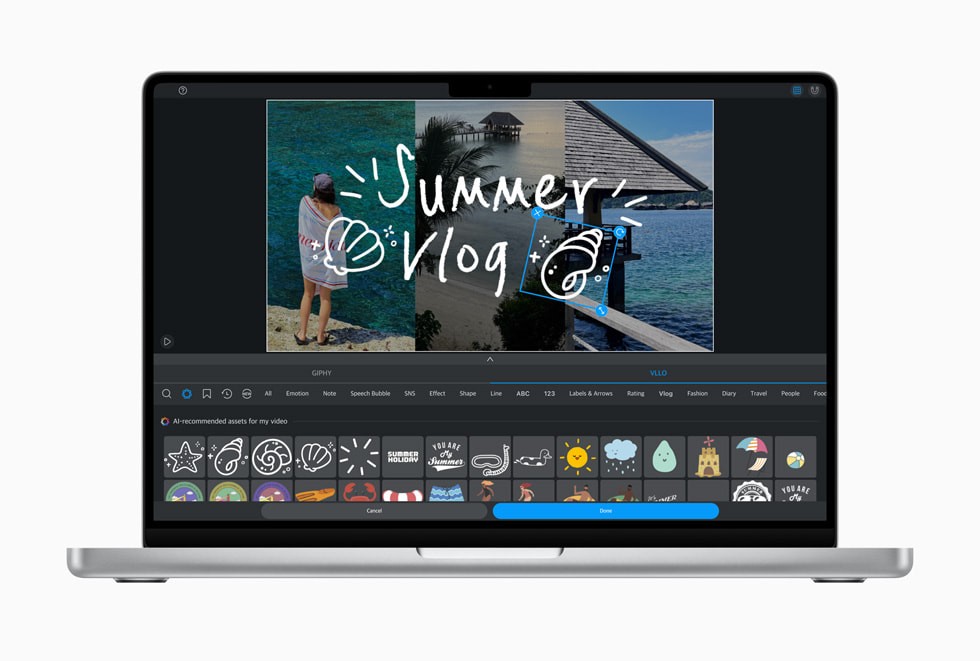 An image of the VLLO video-editing app displayed on a 14-inch MacBook Pro bezel.
