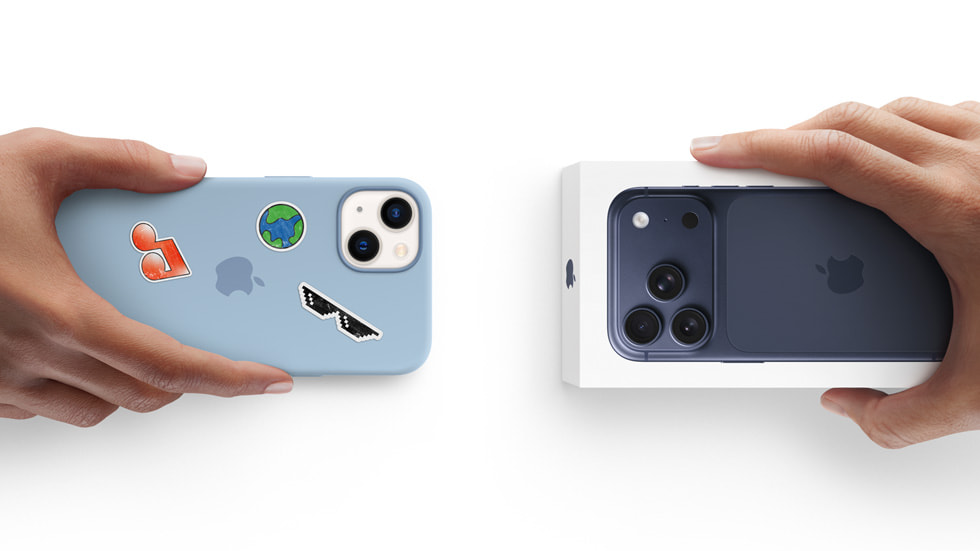 A person’s old iPhone model is swapped in for a new one.