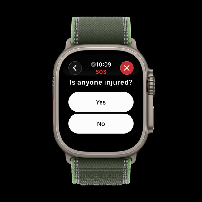 Apple Watch Ultra 3 shows the Emergency SOS via satellite interface. The screen reads “What best describes the emergency?”