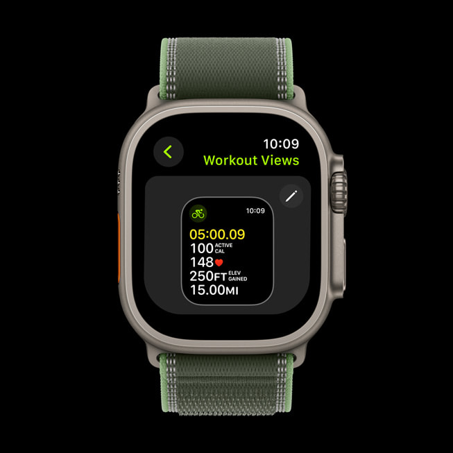 Un Apple Watch Ultra 3 muestra las Vistas de Entreno de un usuario. 