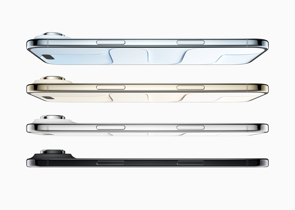 iPhone Air is shown from the side in sky blue, light gold, cloud white, and space black.