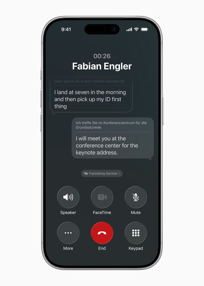The new Apple Intelligence-powered Live Translation feature is shown in the Phone app on iPhone 17 Pro.