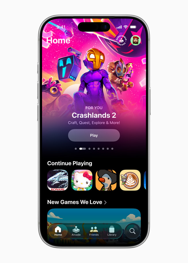 iPhone 17 Pro shows the Apple Games app, featuring the title Crashlands 2.