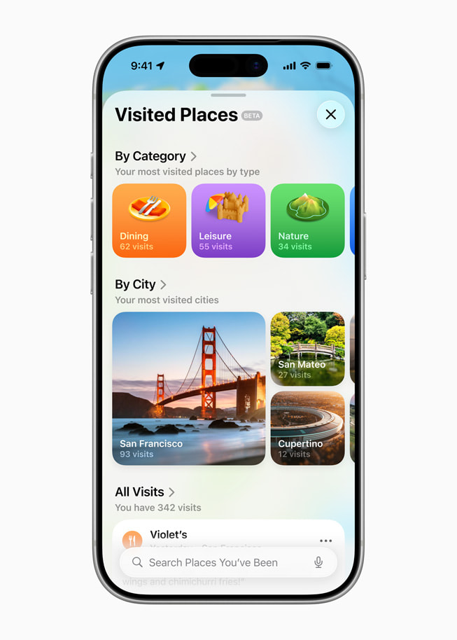 iPhone 17 Pro shows Visited Places in Apple Maps.