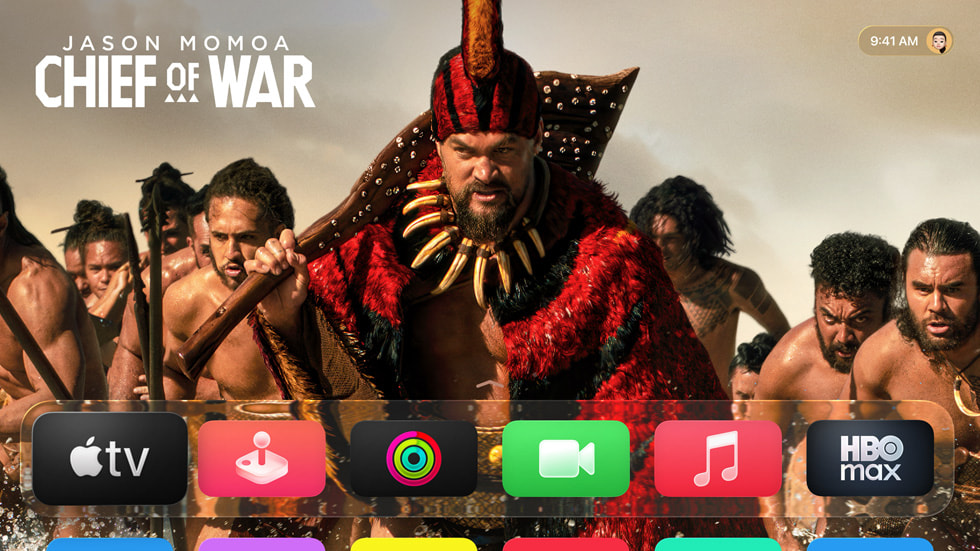 Apple TV shows artwork from the Apple TV+ series “Chief of War,” starring Jason Momoa.