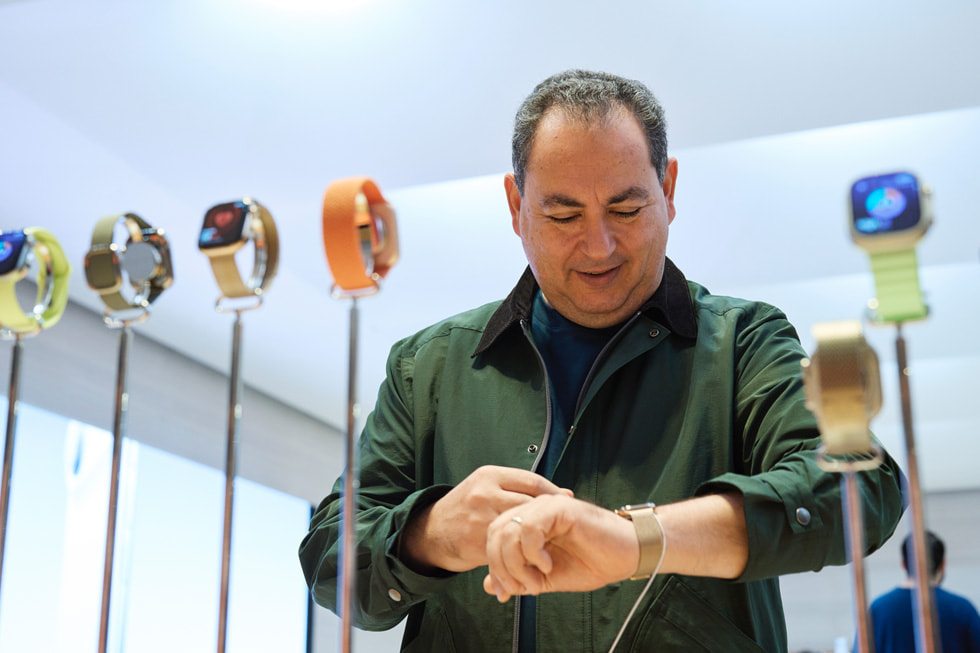 A customer tries on Apple Watch Series 11 at Apple Fifth Avenue in New York.