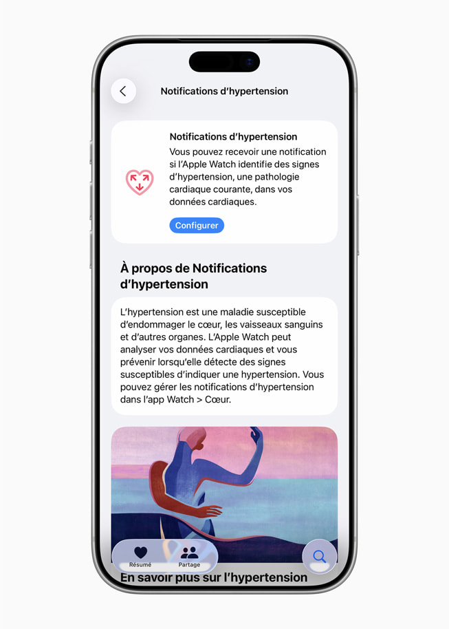 Un iPhone 17 Pro affiche un écran de l’app Santé dans lequel figure une invite disant « Configurer » sous « Notifications d’hypertension ».
