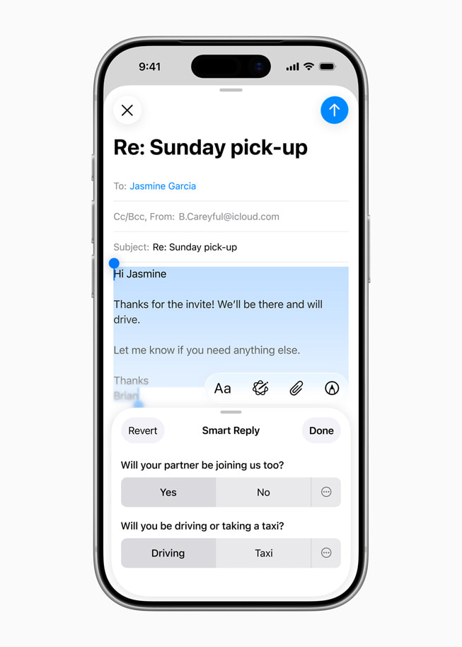 iPhone shows a suggested response with prompts to answer specific questions.