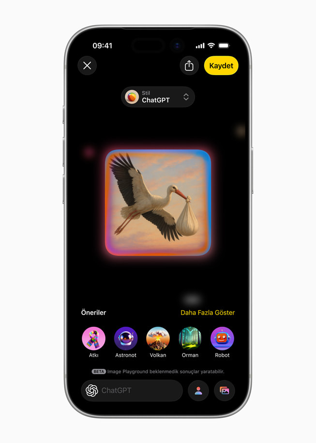 iPhone’da ChatGPT entegrasyonuna sahip Image Playground ekranı.