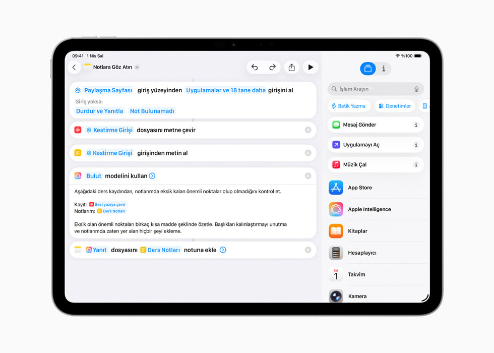 Bir kullanıcı iPad’de “Notları Kontrol Et” adlı bir kestirme oluşturuyor.
