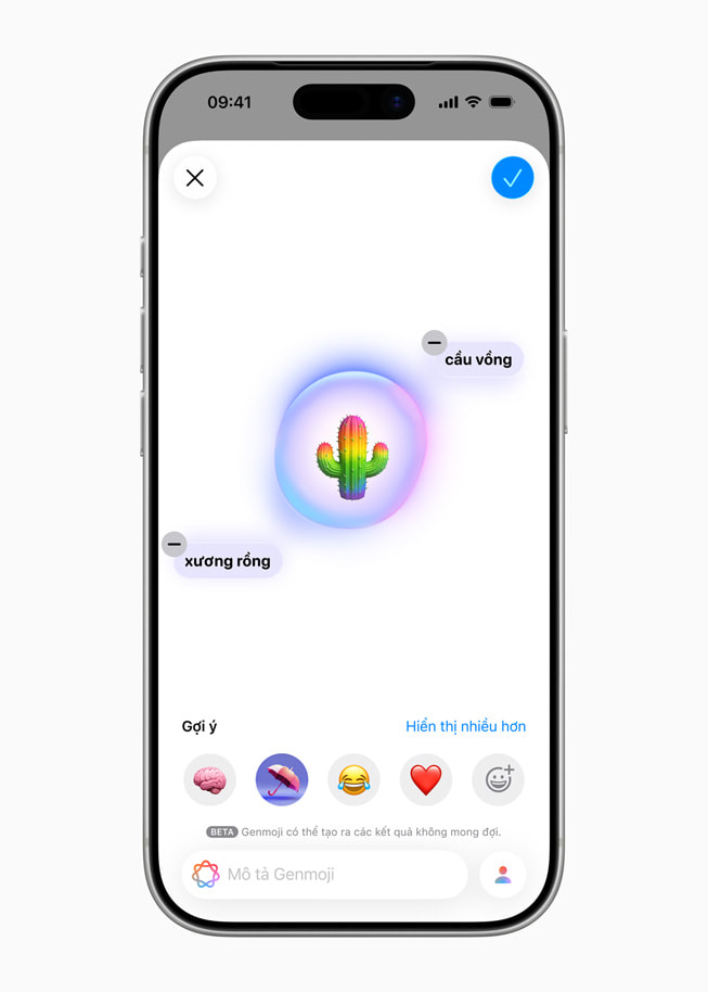 iPhone hiển thị Genmoji hình xương rồng cầu vồng. 