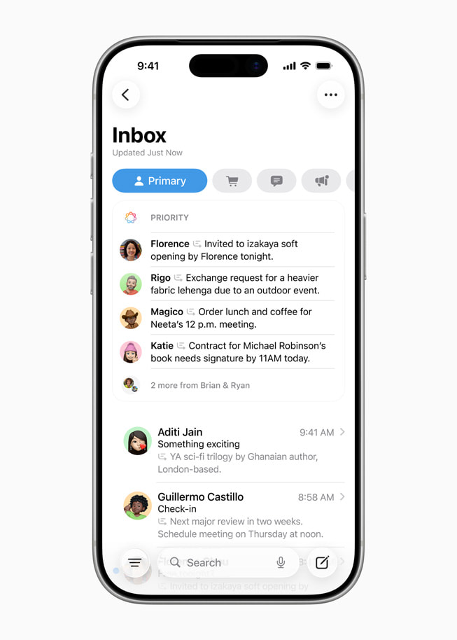 Mail med prioriterade meddelanden längst upp på skärmen visas på en iPhone.