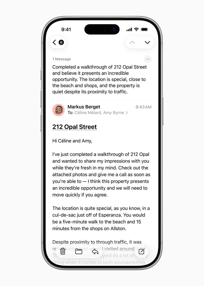 iPhone visar en sammanfattning av ett mejl.
