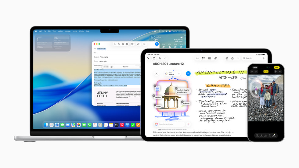 MacBook, iPad och iPhone visar olika Apple Intelligence-skärmar med Skrivverktyg, Bildskapare och Snygga till.
