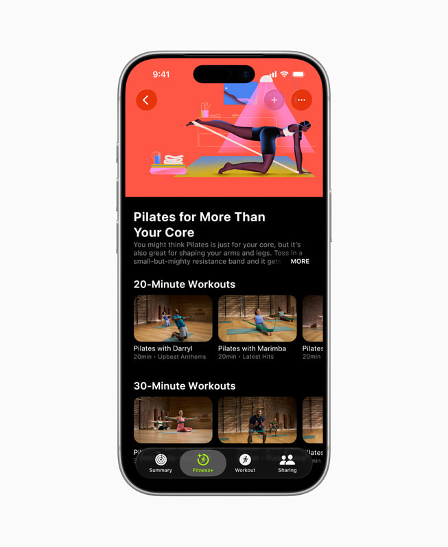 On iPhone 17 Pro, the Pilates for More Than Your Core workout is shown within Apple Fitness+.