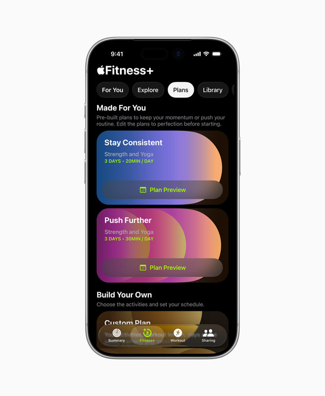 On iPhone 17 Pro, a user’s Custom Plans screen is shown within Apple Fitness+.