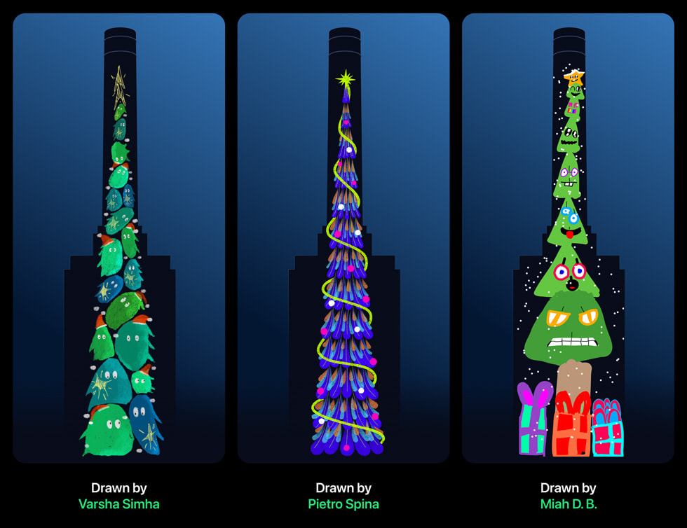 Colorful winning Christmas tree designs by Varsha Simha, Pietro Spina, Miah D.B., and Susan Birchall.