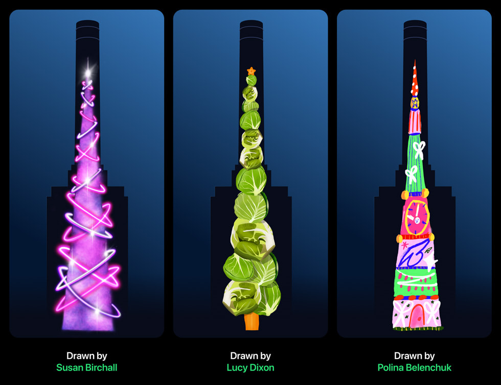 Colorful winning Christmas tree designs by Matt Joyce, Lucy Dixon, and Polina Belenchuk, and Mister Hope.