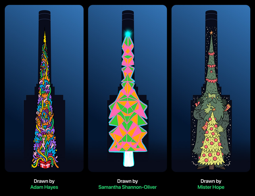 Colorful winning Christmas tree designs by Ben Wallace, Mia C., Evelyn Seng, and Jamie Freeth.
