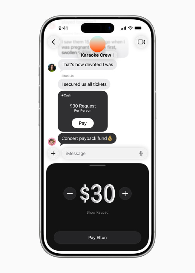 The ability to use Apple Cash in Messages is shown on iPhone 17 Pro.