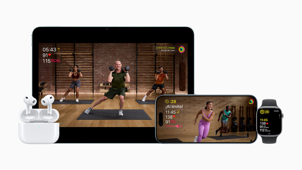 Apple Fitness+ is shown on iPad, iPhone 17 Pro, and AirPods Pro 3.