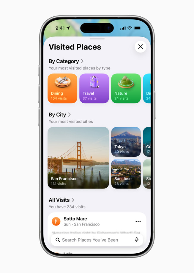 A user’s Visited Places are shown in Apple Maps on iPhone 17 Pro.