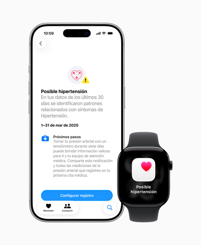 Las notificaciones de hipertensión en un iPhone y un Apple Watch.