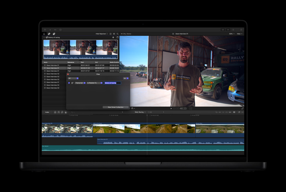 Transcript Search in Final Cut Pro displayed on a space black MacBook Pro.