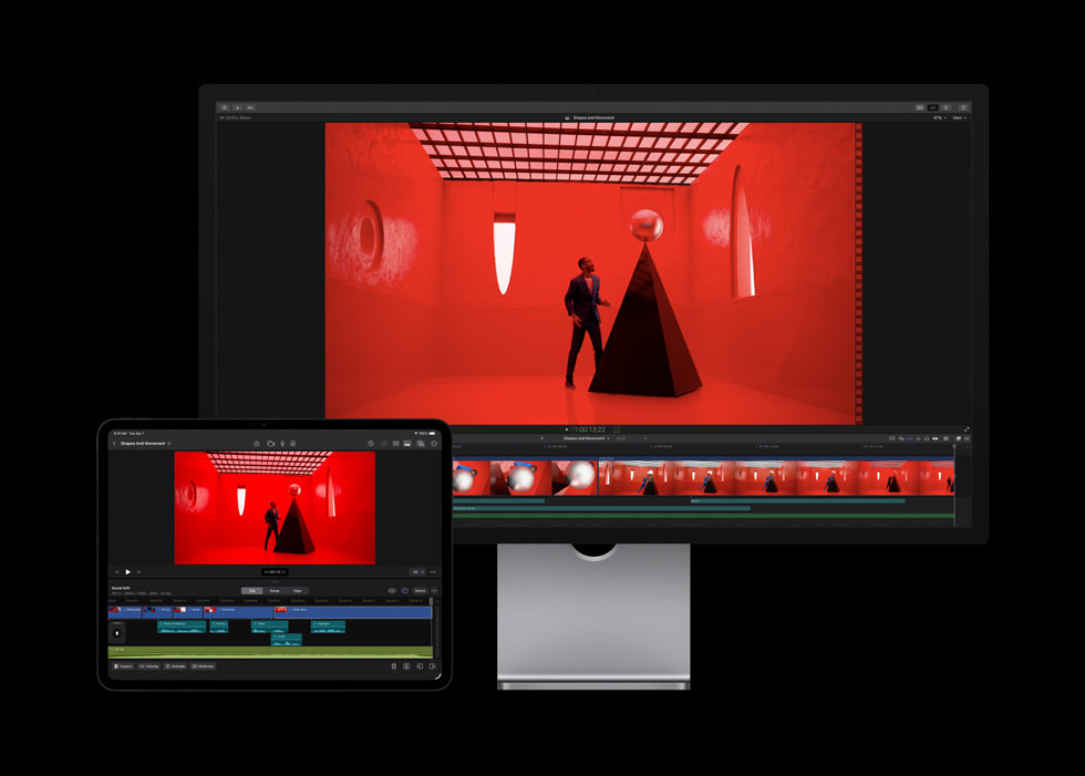An iPad Pro and a Studio Display showing a vivid visual in Final Cut Pro.