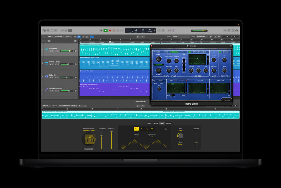 The Synth Player in Logic Pro displayed on MacBook Pro.