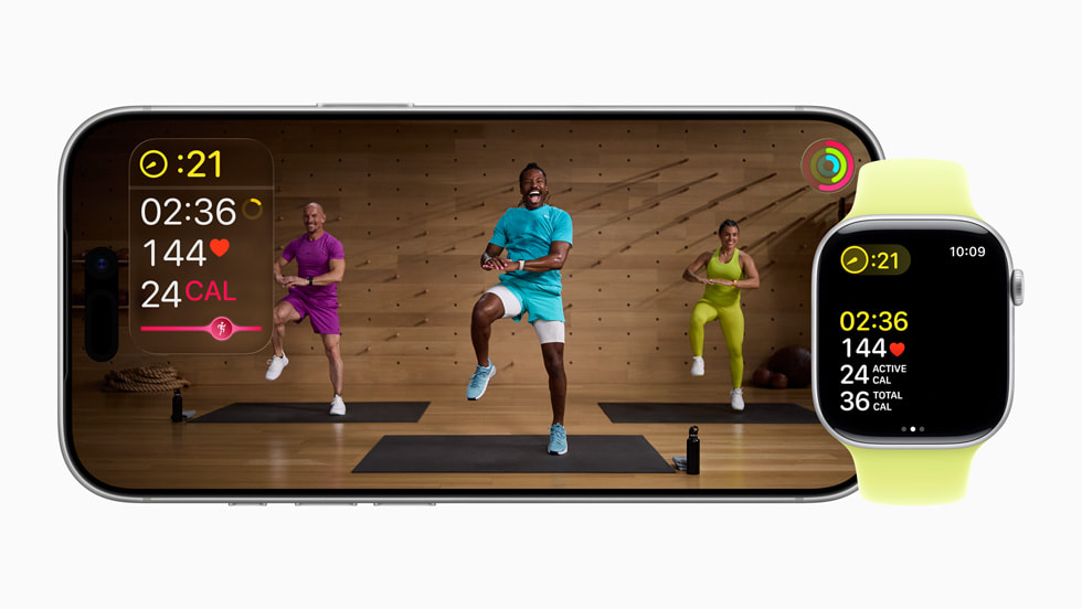 A HIIT workout in Fitness+ displayed on iPhone and Apple Watch.