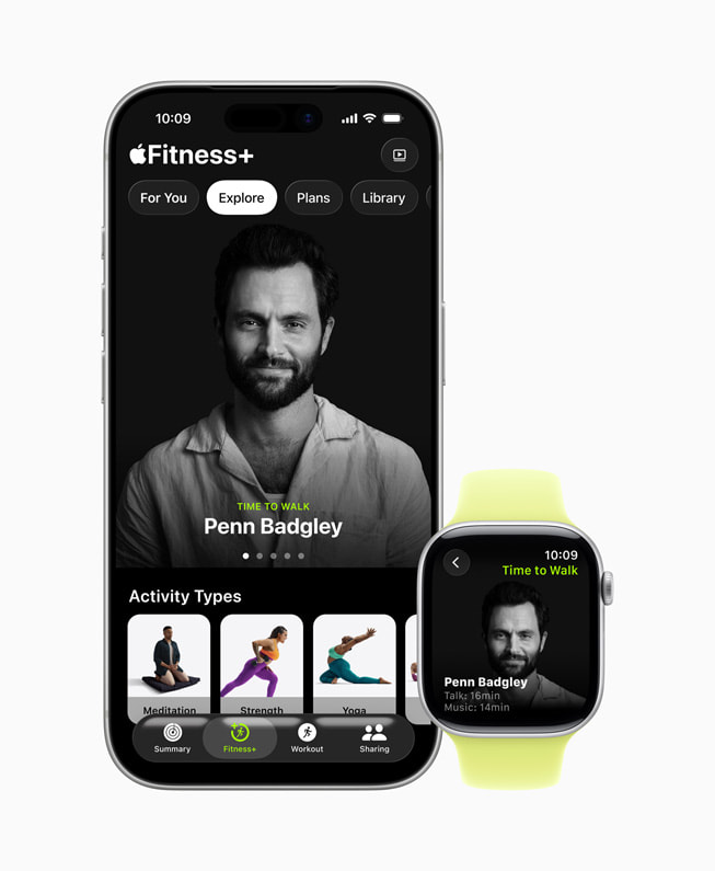 Penn Badgley’s Time to Walk in Fitness+ displayed on iPhone and Apple Watch. 