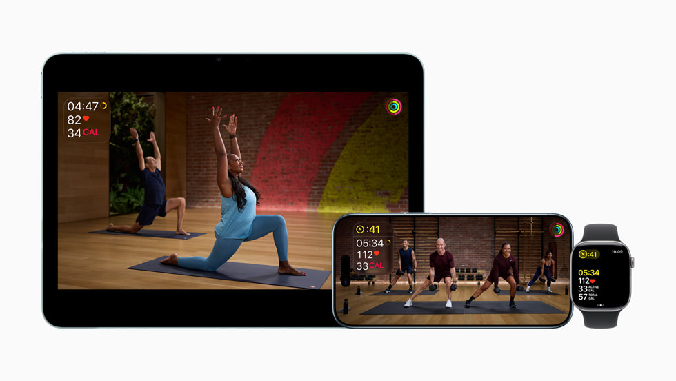 Apple Fitness+ displayed on iPad and iPhone, with a workout displayed on Apple Watch.