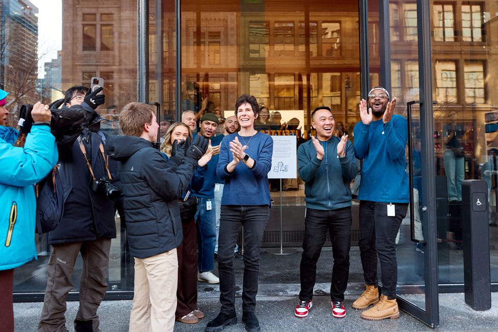 Deirdre O’Brien stands by the front doors at Apple Sainte-Catherine.
