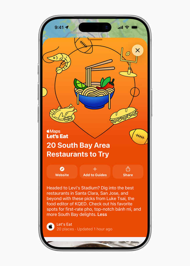 บน iPhone 17 Pro แอป Apple Maps แสดงคู่มือ Let’s Eat ของ Lucas Tsai ที่แนะนำร้านอาหารน่าลองใน South Bay Area