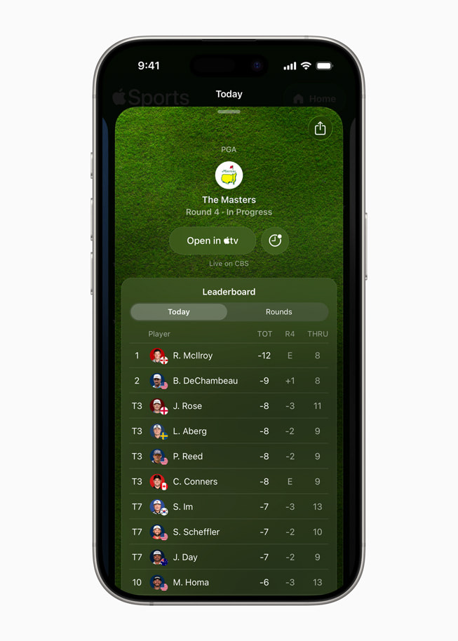 Un iPhone 17 Pro che mostra la pagina dei Masters nell’app Apple Sports.