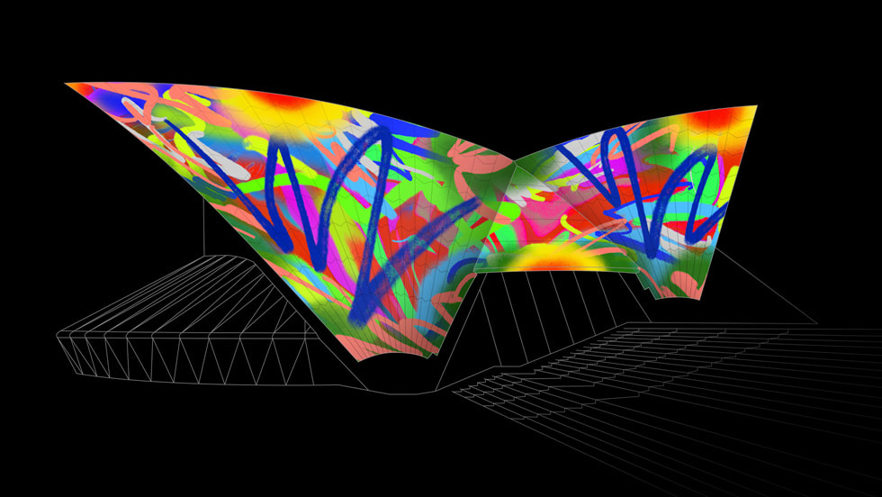 An illustration of the Sydney Opera House in Australia, with colorful artwork on its Bennelong sails.