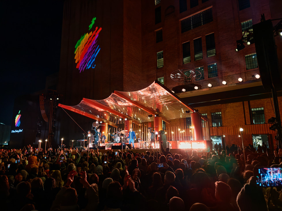 The view of the stage outside of Apple Battersea in London with Mumford & Sons performing.