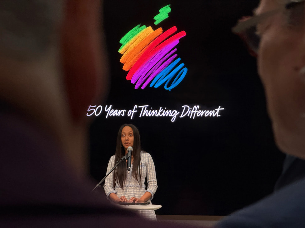 Haben Girma is shown speaking at Apple Carnegie Library in Washington, D.C.
