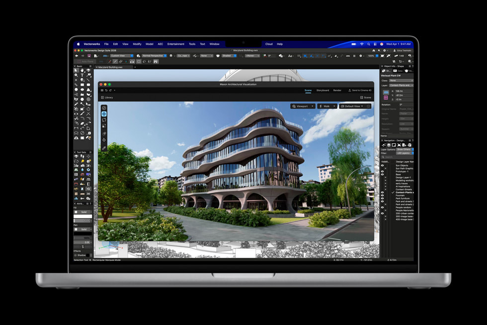 MacBook Pro shows a building rendering in Vectorworks.